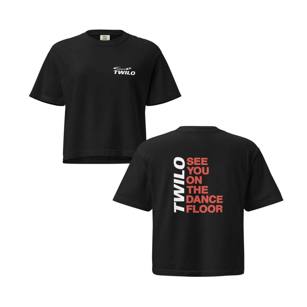 Twilo women’s boxy tee black front logo back statement see you on the dance floor