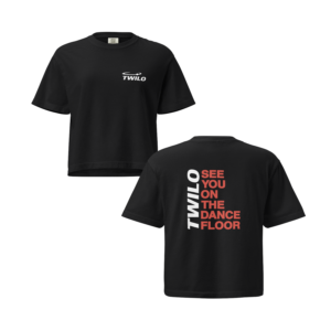 Twilo women’s boxy tee black front logo back statement see you on the dance floor