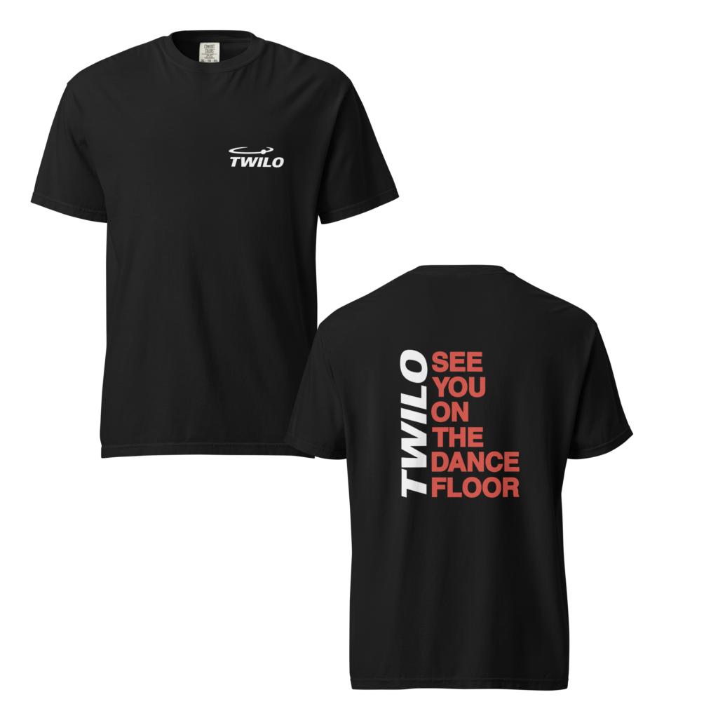 Twilo Unisex Garment-Dyed Heavyweight tee black front logo back statement see you on the dance floor