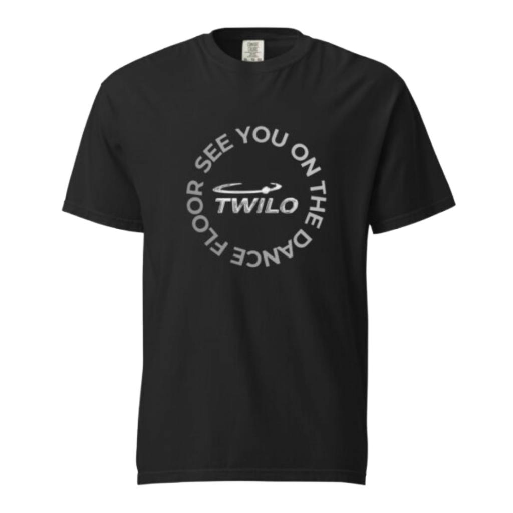 Main: Twilo unisex heavyweight t-shirt with See You on the Dance Floor circle logo Front: Front view black Twilo circle graphic t-shirt Detail: Close-up Twilo See You on the Dance Floor circle print