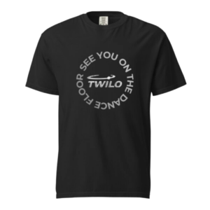 Main: Twilo unisex heavyweight t-shirt with See You on the Dance Floor circle logo Front: Front view black Twilo circle graphic t-shirt Detail: Close-up Twilo See You on the Dance Floor circle print