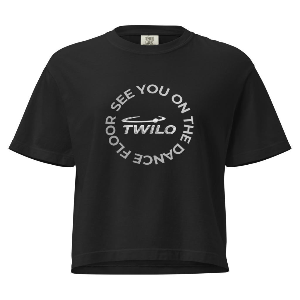Twilo women’s boxy tee black circle logo see you on the dance floor front only