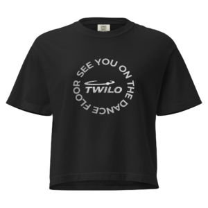 Twilo women’s boxy tee black circle logo see you on the dance floor front only